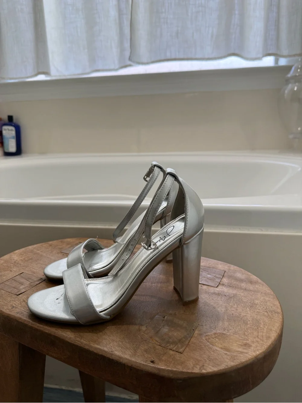 Silver Block Heel Ankle-Strap Sandals